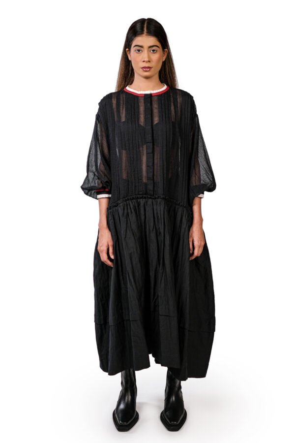 Black Blind Pintucks Silk Dress